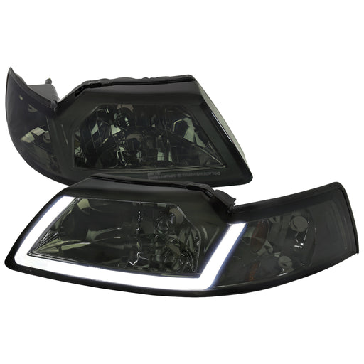 Spec-D 99-04 Ford Mustang Oe Headlights With Led Bar Chrome Housing And Smoked Lens 2LH-MST99G-G3-GO