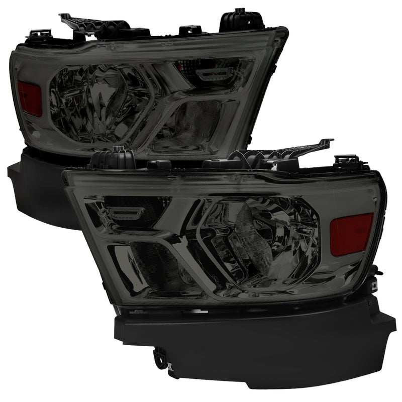 Spec-D 19-21 Dodge Ram 1500 Halogen Headlights Chrome Housing Smoked Lens And Amber Reflector - Oe Style T20 Signal Bulbs - Stock High And Low Beam Bulbs 2LH-RAM1915G-RS
