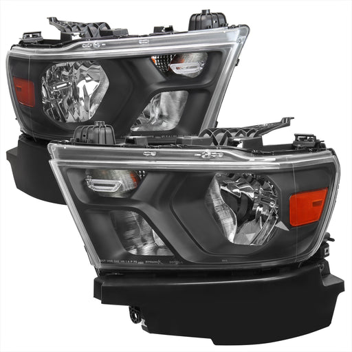 Spec-D 19-21 Dodge Ram 1500 Halogen Headlights Matte Black Housing Clear Lens And Amber Reflector - Oe Style T20 Signal Bulbs - Stock High And Low Beam Bulbs 2LH-RAM1915JM-RS