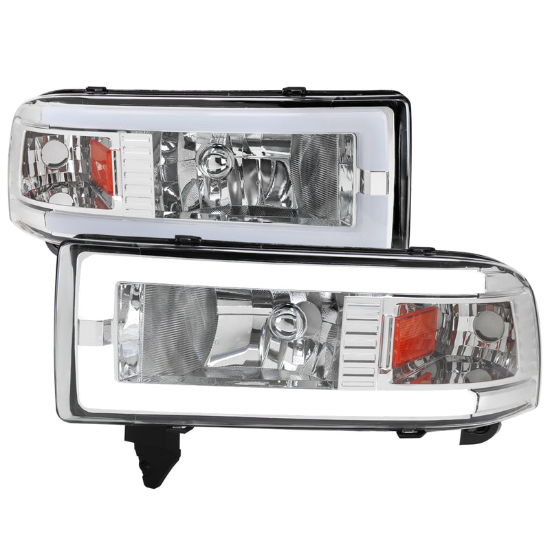 Spec-D 94-01 Dodge Ram Headlight With Led Bar Chrome Housing And Clear Lens Amber Reflector - Uses Stock Bulbs 2LH-RAM94-G3-RS