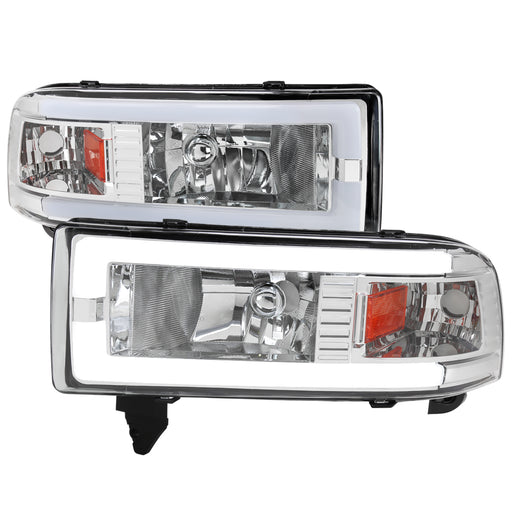 Spec-D 94-01 Dodge Ram Headlight With Led Bar Chrome Housing And Clear Lens Amber Reflector - Uses Stock Bulbs 2LH-RAM94-G3-RS