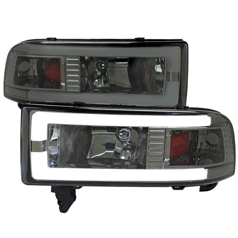 Spec-D 94-01 Dodge Ram Headlight With Led Bar Chrome Housing And Smoked Lens Amber Reflector - Uses Stock Bulbs 2LH-RAM94G-G3-RS