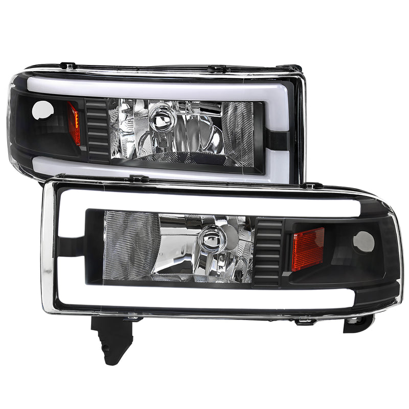Spec-D 94-01 Dodge Ram Headlight With Led Bar Matte Black Housing And Clear Lens Amber Reflector - Uses Stock Bulbs 2LH-RAM94JM-G3-RS