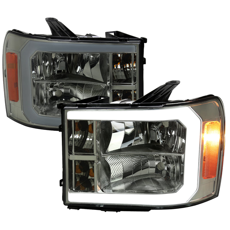Spec-D 07-13 Gmc Sierra Oe Headlights Chrome Housing And Smoked Lens With Led Bar - Uses Stock Bulbs 2LH-SIE07G-G3-GO