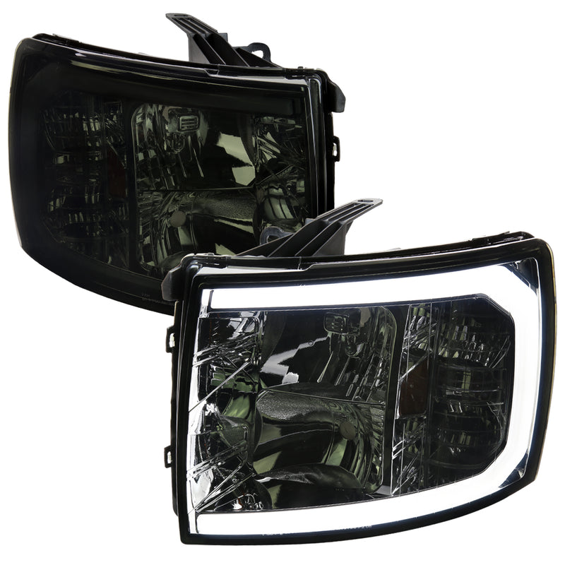 Spec-D 07-13 Chevrolet Silverado Oe Style Headlights With Led Bar Chrome Housing And Smoked Lens 2LH-SIV07G-G3-GO
