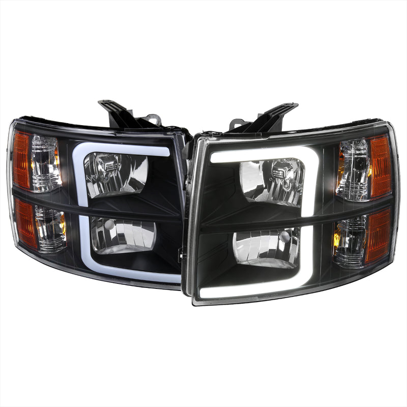 Spec-D 07-13 Chevrolet Silverado Matte Black Housing Clear Lens With Amber Reflector And Led Bar 2LH-SIV07JM-G3-RS