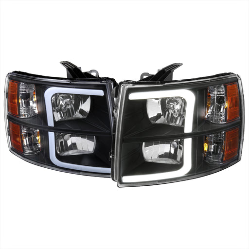 Spec-D 07-13 Chevrolet Silverado Matte Black Housing Clear Lens With Amber Reflector And Led Bar 2LH-SIV07JM-G3-RS
