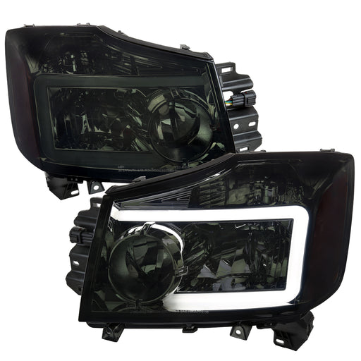 Spec-D 04-15 Nissan Titan Headlights With Led Bar Chrome Housing Smoked Lens 2LH-TIT04G-G3-GO