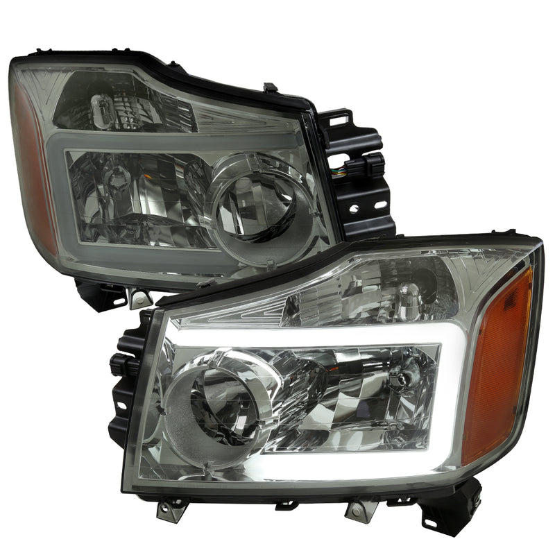 Spec-D 04-15 Nissan Titan Headlights With Led Bar Chrome Housing Light Smoked Lens 2LH-TIT04LG-G3-GO