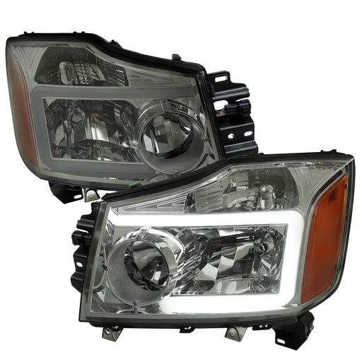 Spec-D 04-15 Nissan Titan Headlights With Led Bar Chrome Housing Light Smoked Lens 2LH-TIT04LG-G3-GO