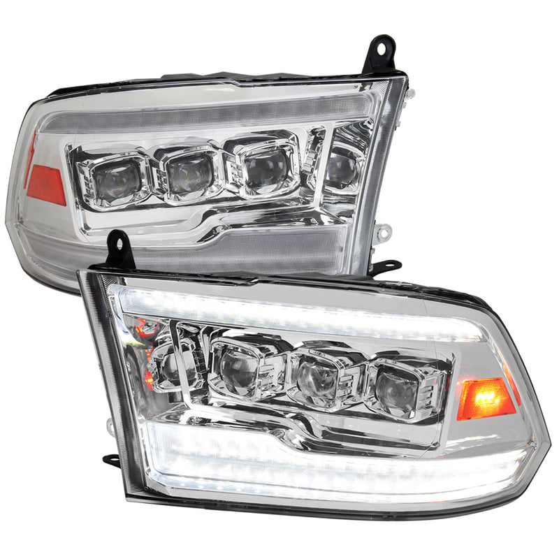 Spec-D 09-19 Dodge Ram Projector Headlights Facelift Style Chrome Housing Clear Lens With Amber Reflector Switchback Led Light Bar/ Led Sequential Signal/ Breathing Light Effect/ Led High & Led Low 2LHE-RAM09-SQ-RS
