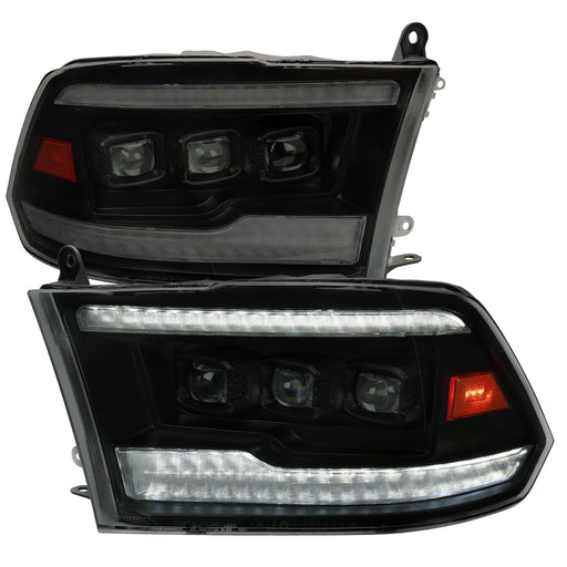 Spec-D 09-19 Dodge Ram Projector Headlights Facelift Style Black Housing Smoked Lens With Amber Reflector Switchback Led Light Bar/ Led Sequential Signal/ Breathing Light Effect/ Led High & Led Low 2LHE-RAM09SM-SQ-RS