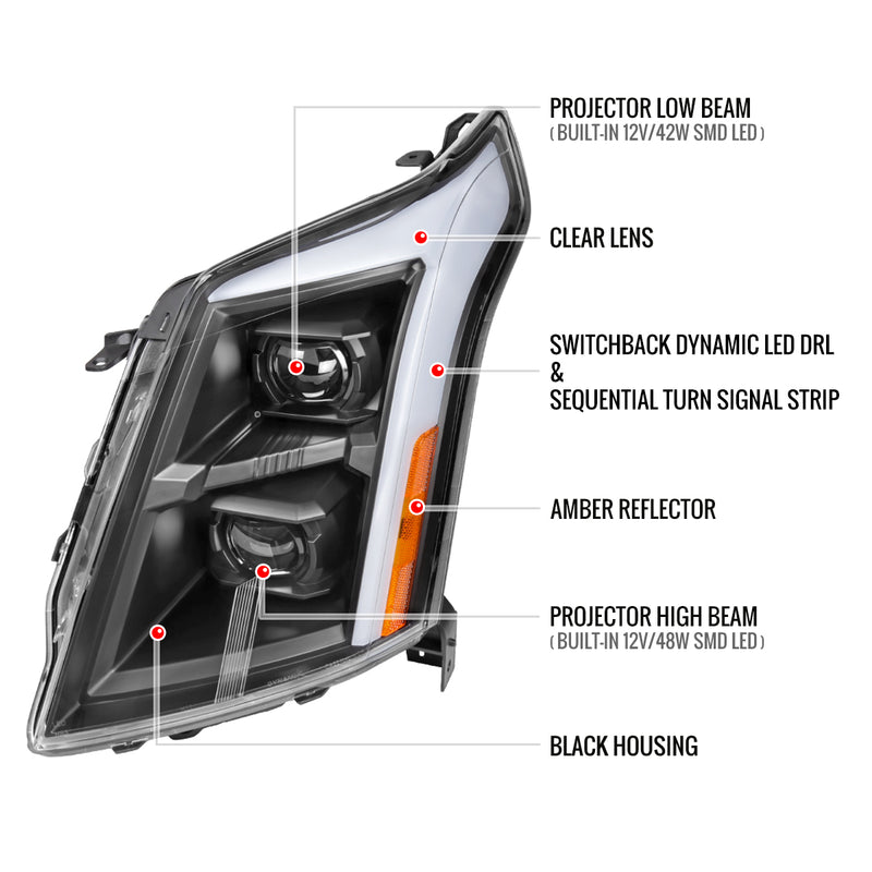 Spec-D 10-16 Cadillac Srx Drl Led Bar Full Led Projector Headlights Matte Black Housing Clear Lens Amber Reflector Sequential Turn Signal And Breathing Light Effect 2LHE-SRX10JM-SQ-RS