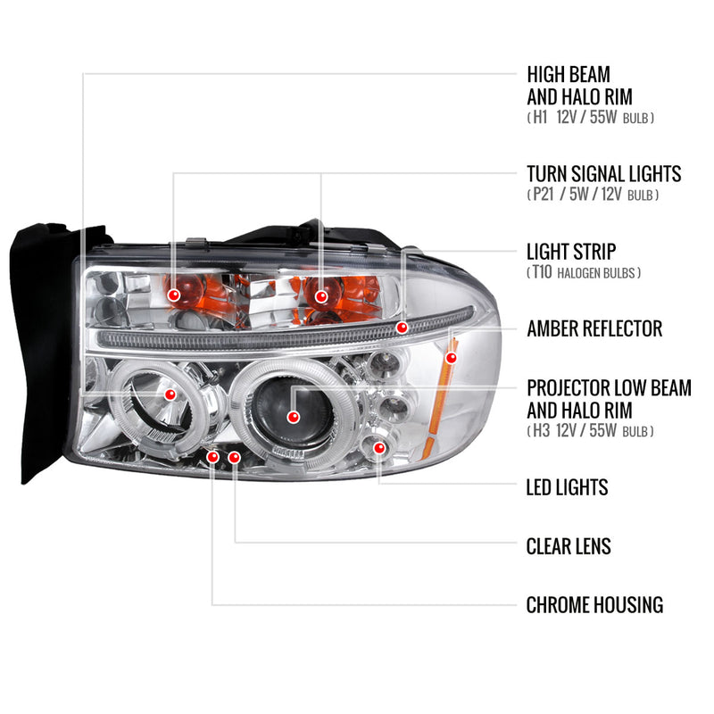 Spec-D 97-04 Dodge Dakota Halo Led Projector Chrome 2LHP-DAK97-TM