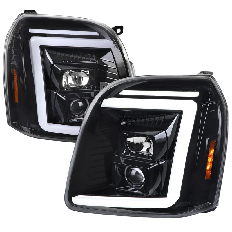 Spec-D 07-14 Gmc Yukon Projector Headlights With Led Bar Glossy Black Housing And Clear Lens - Swtichback And Sequential Turn Signals 2LHP-DEN07BK-G2-TM