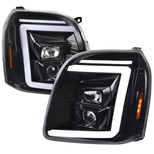 Spec-D 07-14 Gmc Yukon Projector Headlights With Led Bar Glossy Black Housing And Clear Lens - Swtichback And Sequential Turn Signals 2LHP-DEN07BK-G2-TM