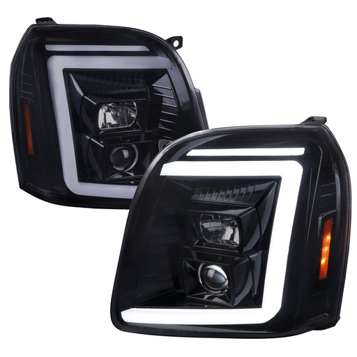 Spec-D 07-14 Gmc Yukon Projector Headlights With Led Bar Glossy Black Housing And Smoked Lens - Swtichback And Sequential Turn Signals 2LHP-DEN07G-G2-TM