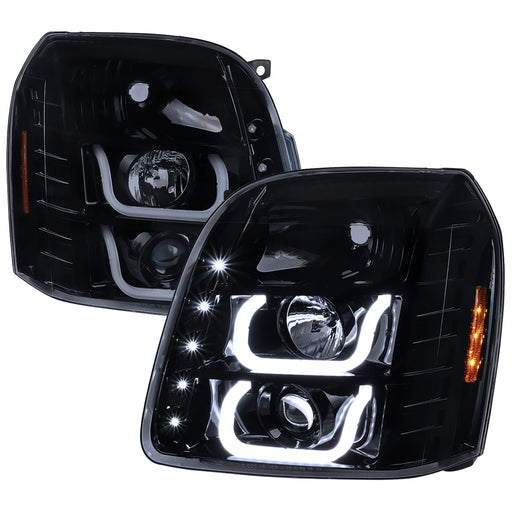 Spec-D 07-12 Chevrolet Yukon U Shape Led Bar Projetor Headlights Glossy Black Housing With Light Smoked Lens 2LHP-DEN07G-V2-TM