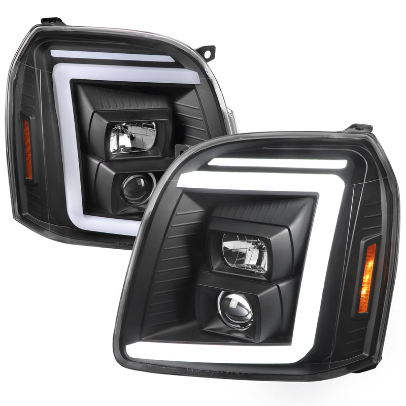 Spec-D 07-14 Gmc Yukon Projector Headlights With Led Bar Matte Black Housing And Clear Lens - Swtichback And Sequential Turn Signals 2LHP-DEN07JM-G2-TM