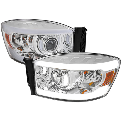 Spec-D 06-08 Dodge Ram Projector Headlights With Led Bar Chrome Housing Clear Lens And Amber Reflector 2LHP-DGP06-G3-GO