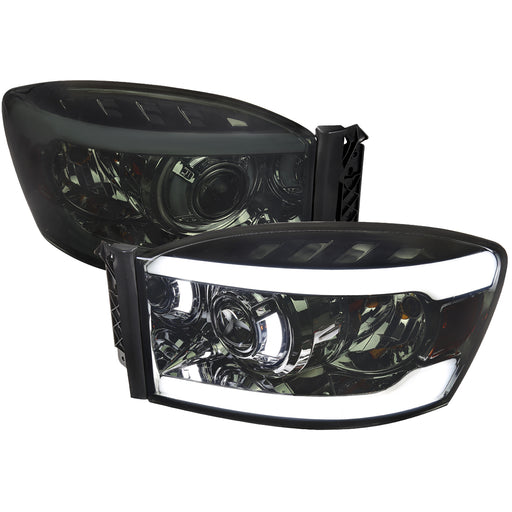 Spec-D 06-08 Dodge Ram Quad Style Headlights With Led Bar Chrome Housing And Smoked Lens 2LHP-DGP06G-G3-GO