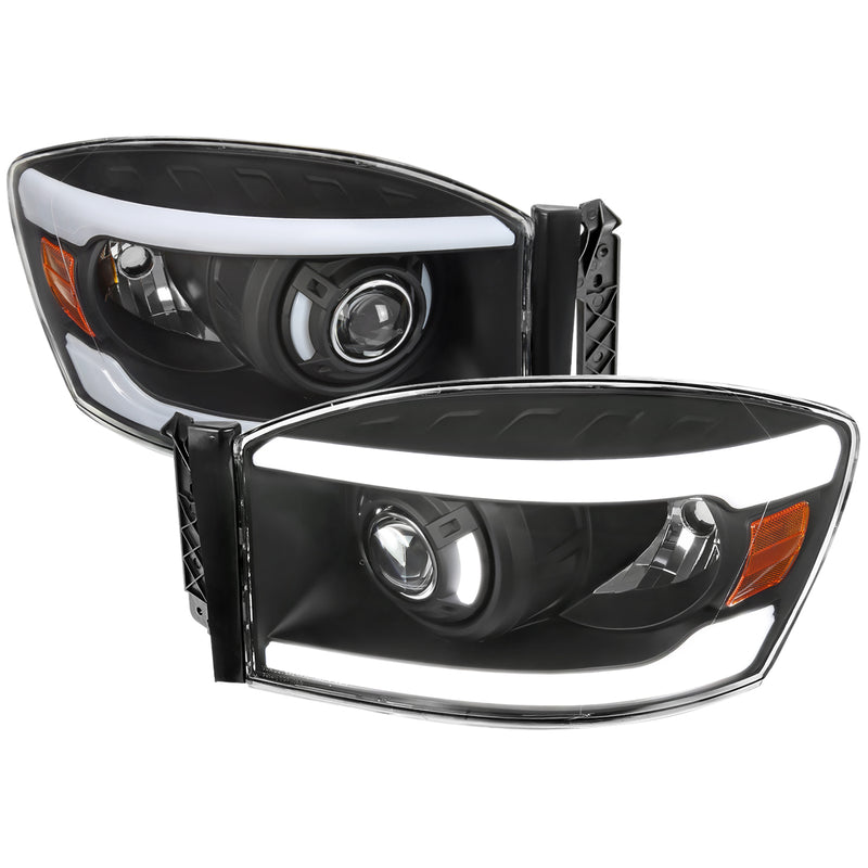 Spec-D 06-08 Dodge Ram Projector Headlights With Led Bar Matte Black Housing Clear Lens And Amber Reflector 2LHP-DGP06JM-G3-GO