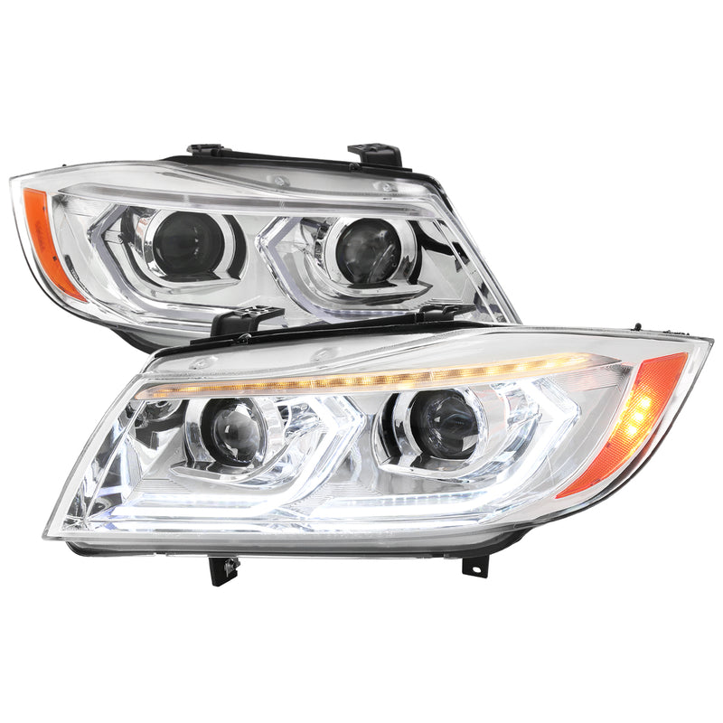 Spec-D 06-11 Bmw E90 3 Series Sedan Projector Headlights Chrome Housing Clear Lens - Oe Halogen Models Only - Amber Reflector Switchback Led Light Bar Led Sequential Signal Breathing Light Effect 2LHP-E9005-G2-RS