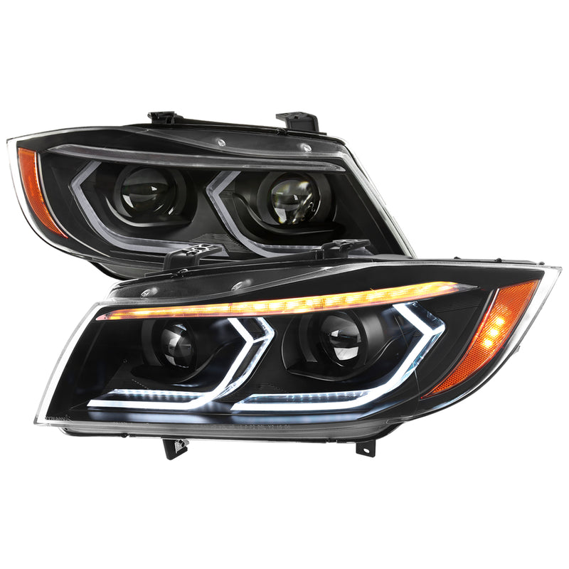 Spec-D 06-11 Bmw E90 3 Series Sedan Projector Headlights Matte Black Housing Clear Lens - Oe Halogen Models Only - Amber Reflector Switchback Led Light Bar Led Sequential Signal Breathing Light Effect 2LHP-E9005JM-G2-RS