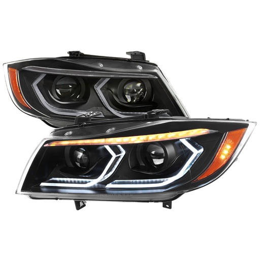 Spec-D 06-11 Bmw E90 3 Series Sedan Projector Headlights Matte Black Housing Clear Lens - Oe Halogen Models Only - Amber Reflector Switchback Led Light Bar Led Sequential Signal Breathing Light Effect 2LHP-E9005JM-G2-RS