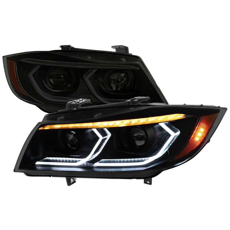 Spec-D 06-11 Bmw E90 3 Series Sedan Projector Headlights Matte Black Housing Smoked Lens - Oe Halogen Models Only - Amber Reflector Switchback Led Light Bar Led Sequential Signal Breathing Light Effect 2LHP-E9005SM-G2-RS