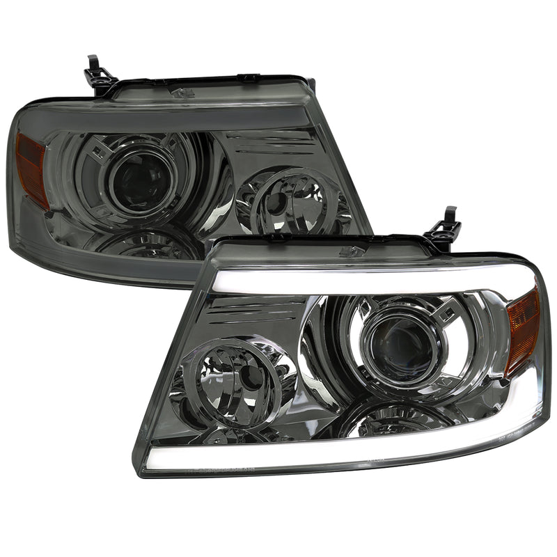 Spec-D 04-08 Ford F-150 Projector Headlights With Led Bar - Double Beam Chrome Housing And Smoked Lens 2LHP-F15004G-G3-GO