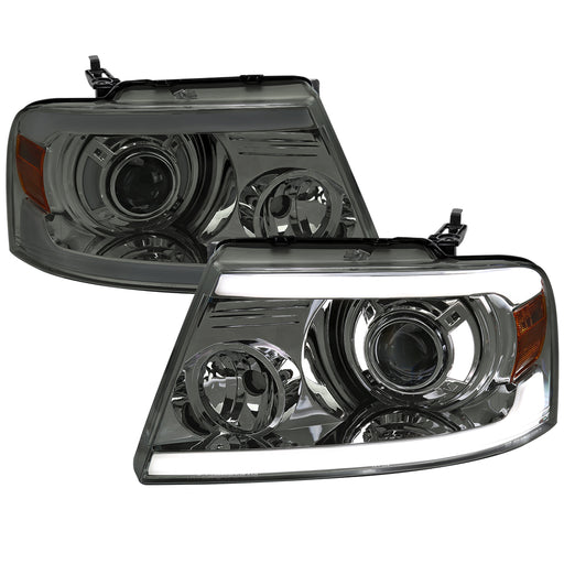 Spec-D 04-08 Ford F-150 Projector Headlights With Led Bar - Double Beam Chrome Housing And Smoked Lens 2LHP-F15004G-G3-GO