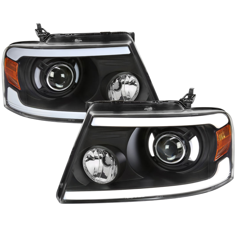 Spec-D 04-08 Ford F-150 Projector Headlights With Led Bar Matte Black Housing Clear Lens And Amber Reflector 2LHP-F15004JM-G3-GO
