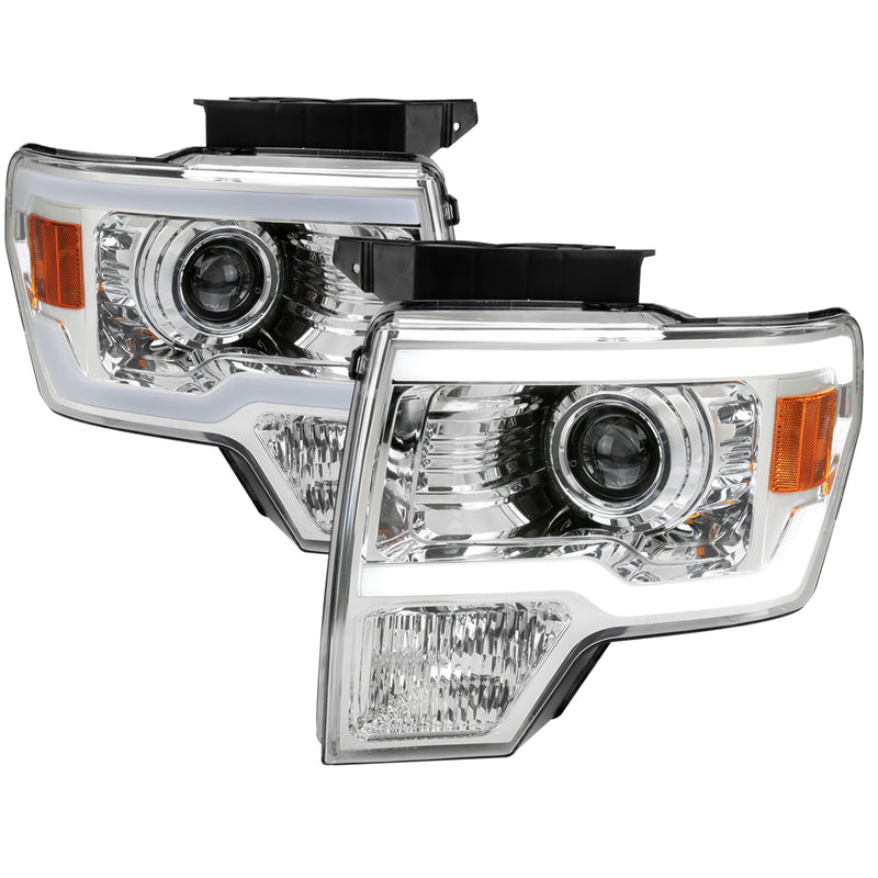 Spec-D 09-14 Ford F-150 Projector Headlights With Led Bar Chrome Housing Clear Lens And Amber Reflector 2LHP-F15009-G3-GO