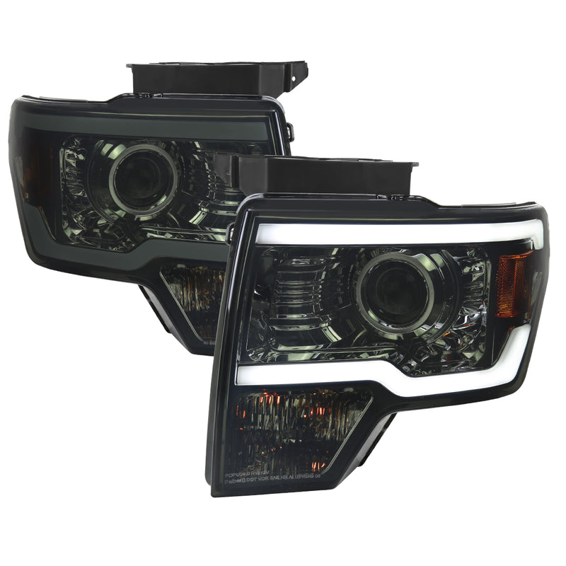 Spec-D 09-14 Ford F-150 Projector Headlights With Led Bar - Double Beam Chrome Housing And Smoked Lens 2LHP-F15009G-G3-GO