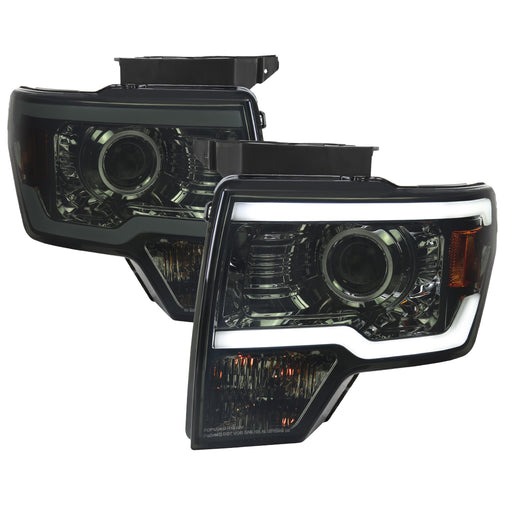 Spec-D 09-14 Ford F-150 Projector Headlights With Led Bar - Double Beam Chrome Housing And Smoked Lens 2LHP-F15009G-G3-GO