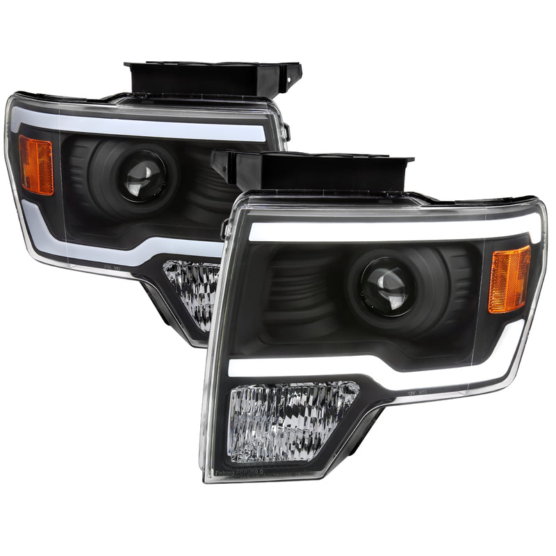 Spec-D 09-14 Ford F-150 Projector Headlights With Led Bar Matte Black Housing Clear Lens And Amber Reflector 2LHP-F15009JM-G3-GO
