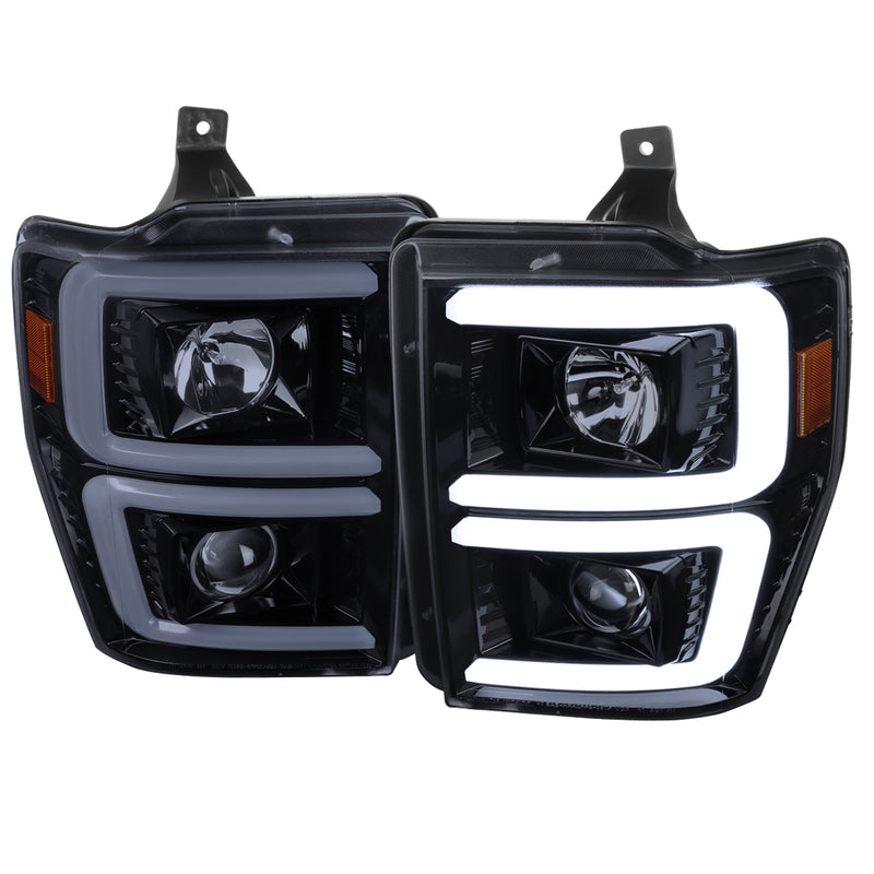 Spec-D 08-10 Ford F250 Projector Headlights With Led Bar Glossy Black Housing And Smoked Lens - Switch Back Sequential Turn Signal 2LHP-F25008G-G2-TM