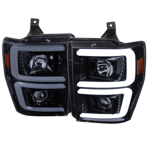 Spec-D 08-10 Ford F250 Projector Headlights With Led Bar Glossy Black Housing And Smoked Lens - Switch Back Sequential Turn Signal 2LHP-F25008G-G2-TM