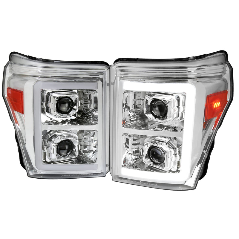 Spec-D 11-16 Ford F250 Projector Headlights With Sequential Led Bar Chrome Housing Clear Lens And Amber Reflectors 2LHP-F25011-SQ-RS