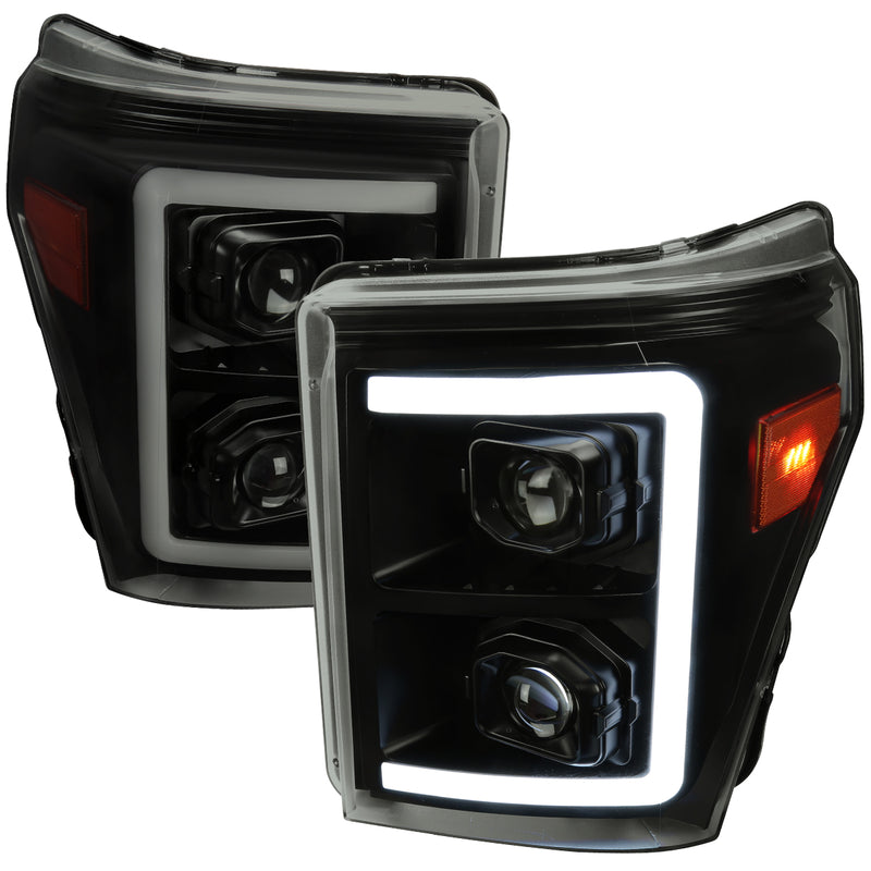Spec-D 11-16 Ford F250 Projector Headlights With Sequential Led Bar Black Housing Smoked Lens And Amber Reflectors 2LHP-F25011SM-SQ-RS