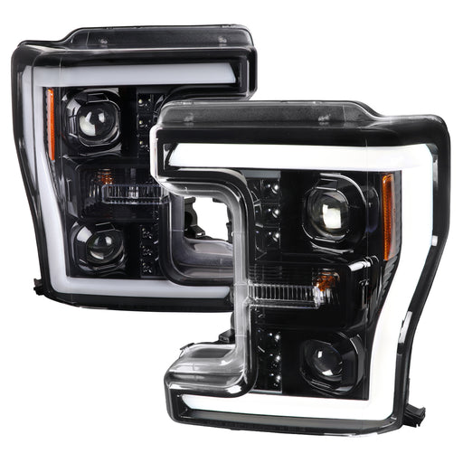 Spec-D 17-19 Ford F250 Projector Head Lights With Led Bar - Glossy Black  Housing 2LHP-F25017BK-TM