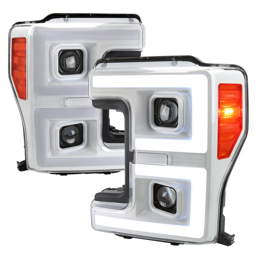 Spec-D 17-19 Ford F-250 Projector Headlights With Led Bar White Housing And Clear Lens Amber Reflector - Switchback Turn Signal 2LHP-F25017XE-SQ-RS