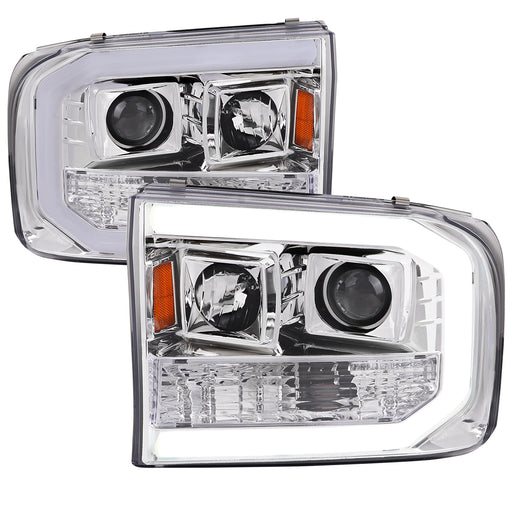 Spec-D 99-04 Ford F-250 Projector Headlights With Led Bar Chrome Housing And Clear Lens Amber Reflector 2LHP-F25099-G2-TM