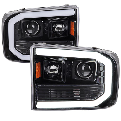 Spec-D 99-04 Ford F-250 Projector Headlights With Led Bar Glossy Black Housing And Clear Lens Amber Reflector 2LHP-F25099BK-G2-TM