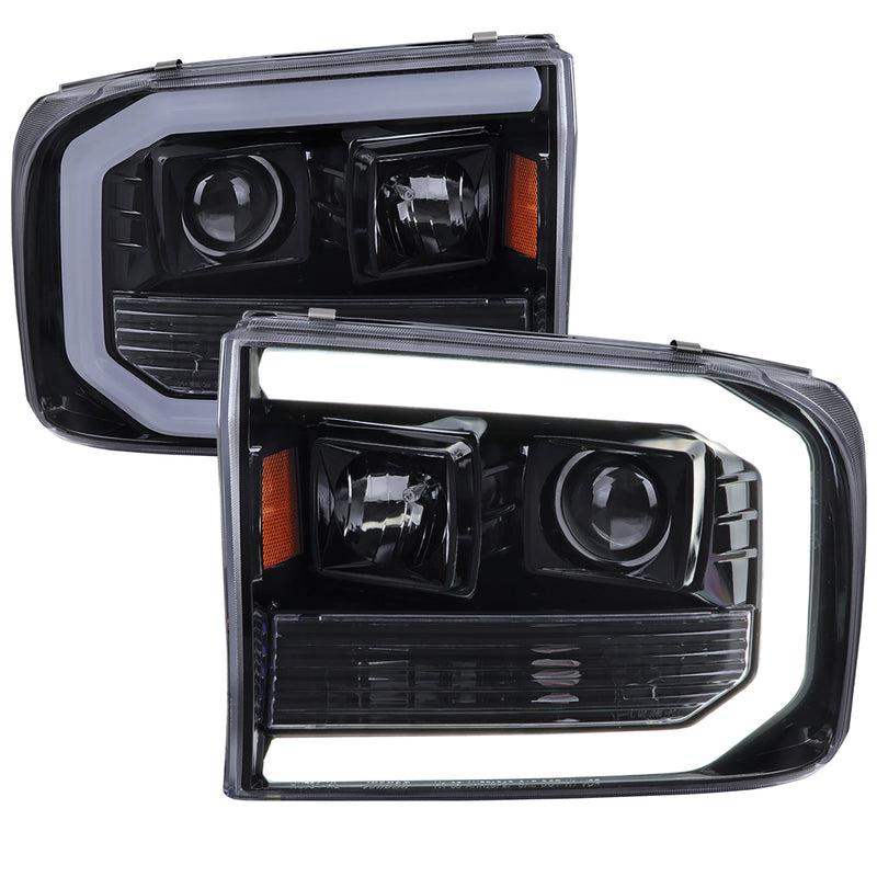 Spec-D 99-04 Ford F-250 Projector Headlights With Led Bar Glossy Black Housing And Smoked Lens Amber Reflector 2LHP-F25099G-G2-TM