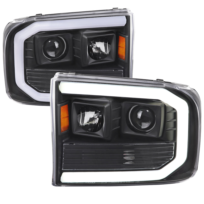 Spec-D 99-04 Ford F-250 Projector Headlights With Led Bar Matte Black Housing And Smoked Lens Amber Reflector 2LHP-F25099JM-G2-TM