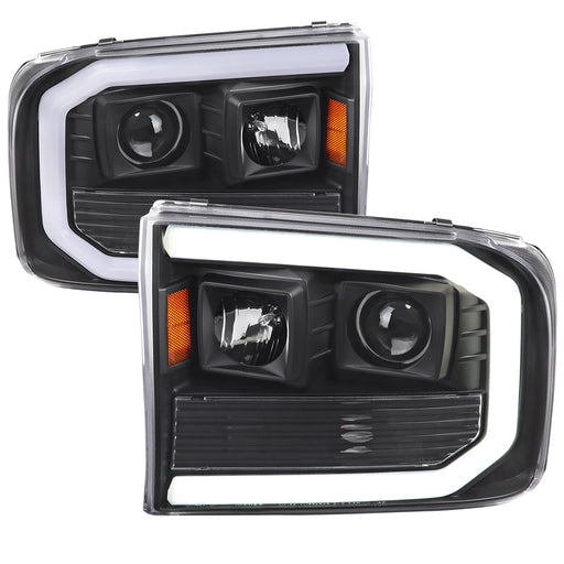 Spec-D 99-04 Ford F-250 Projector Headlights With Led Bar Matte Black Housing And Smoked Lens Amber Reflector 2LHP-F25099JM-G2-TM