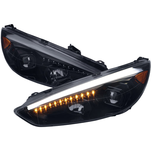 Spec-D 15-17 Ford Focus Projector Headlights With Chrome Housing Smoked Lens And Amber Reflector With Sequential Turn Signal 2LHP-FOC15G-SQ-TM