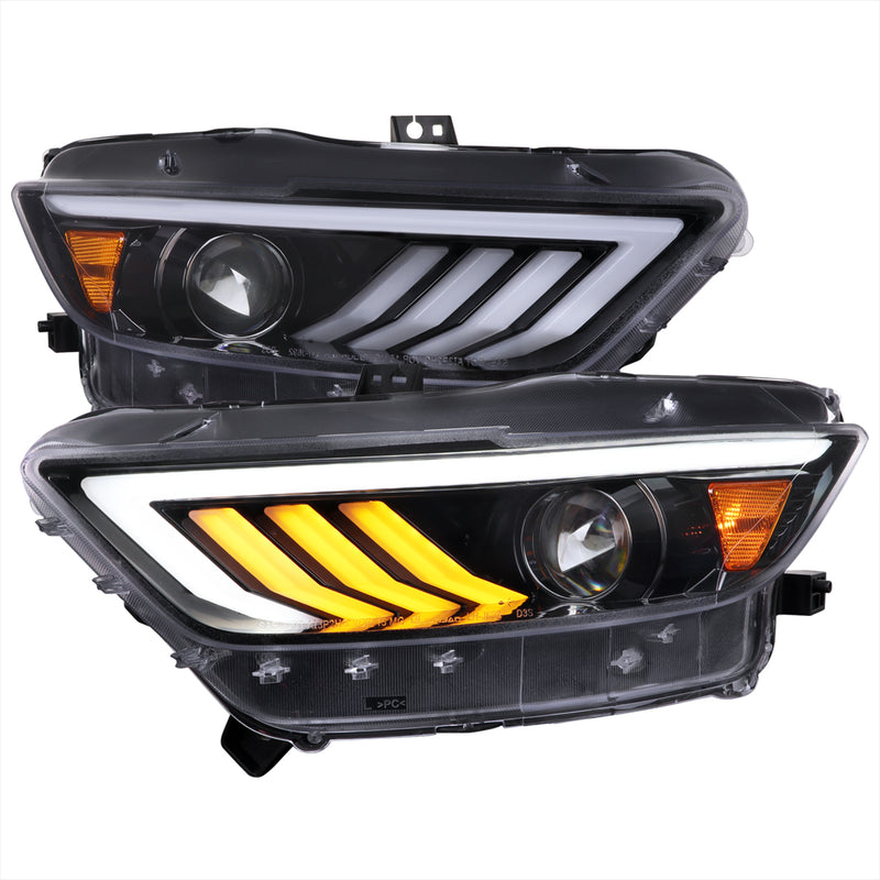 Spec-D 15-17 Ford Mustang Hid Projetor Headlights Glossy Black Housing Clear Lens - Sequential Turn Signal And Drl Led Bar - Use Stock Hid Components And Bulbs 2LHP-MST15BK-SQ-TM